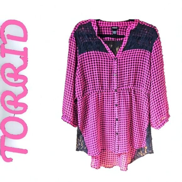 TORRID PLUS SIZE Plaid Lace Button Front Blouse2X - Picture 1 of 13